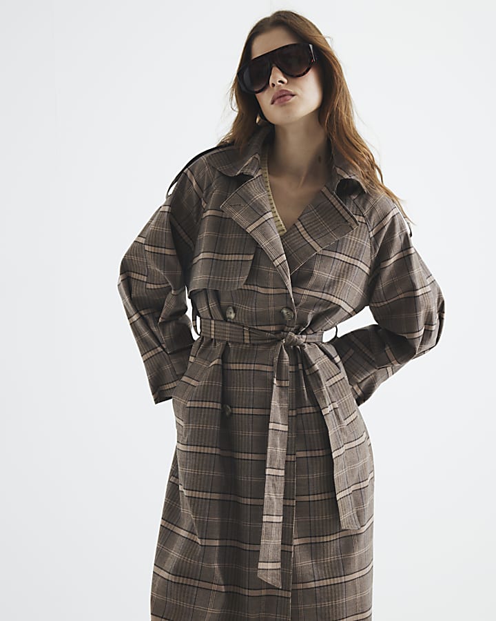 Brown Check Belted Trench Coat