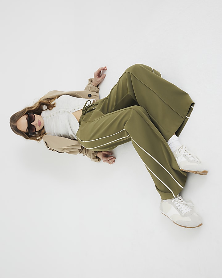 Khaki Wide Leg Side Stripe Joggers