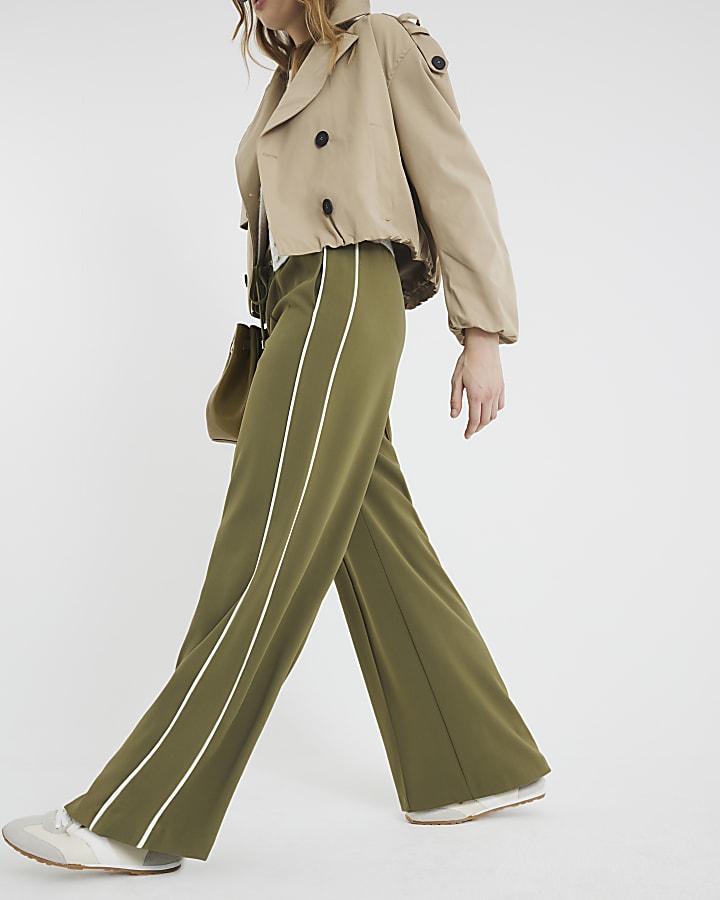 Khaki Wide Leg Side Stripe Joggers