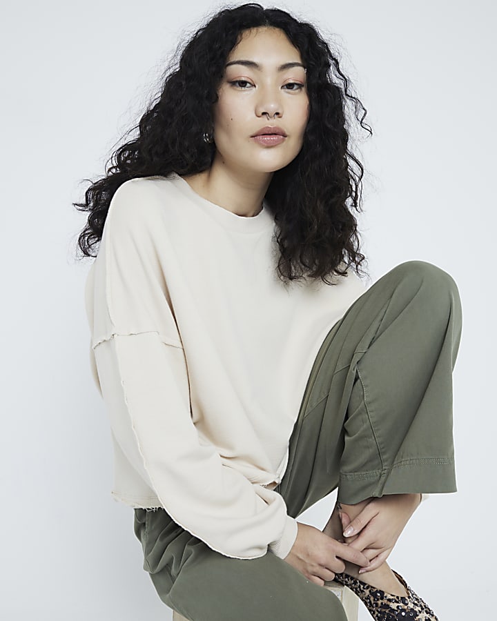 Beige Long Sleeve Raw Seam Sweatshirt