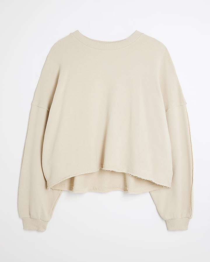 Beige Long Sleeve Raw Seam Sweatshirt