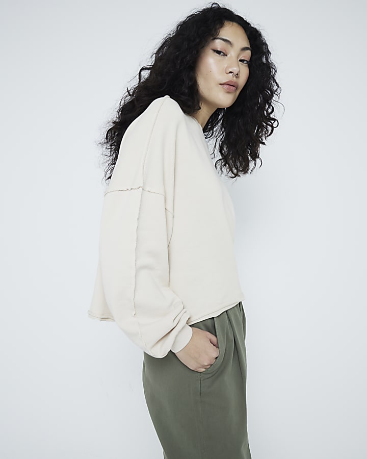 Beige Long Sleeve Raw Seam Sweatshirt
