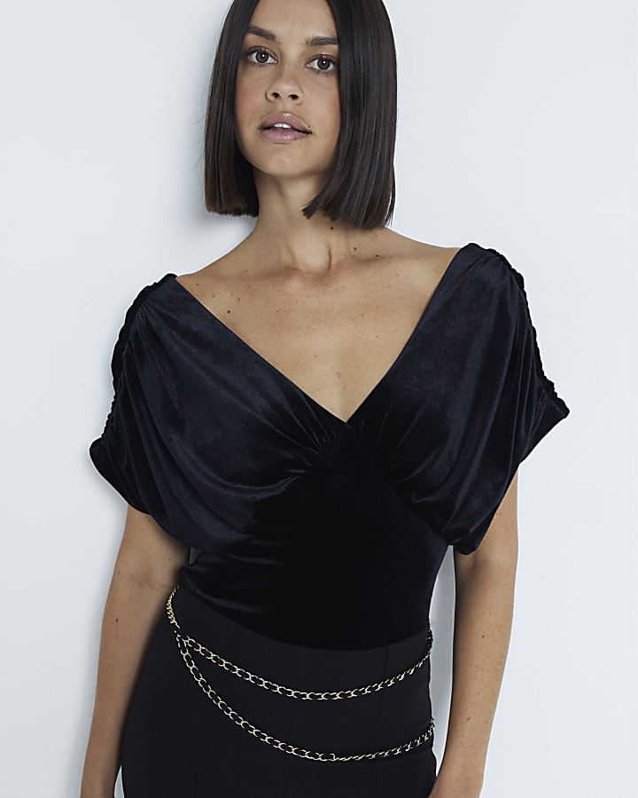 Black Velvet Short Sleeve Draped Bodysuit