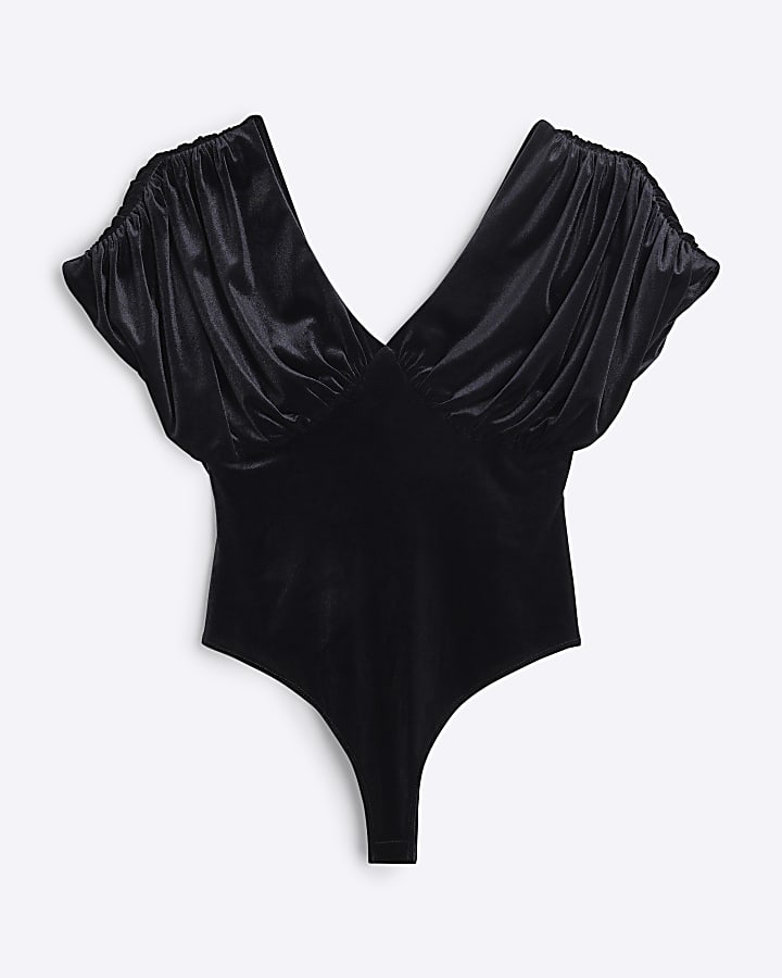 Black Velvet Short Sleeve Draped Bodysuit