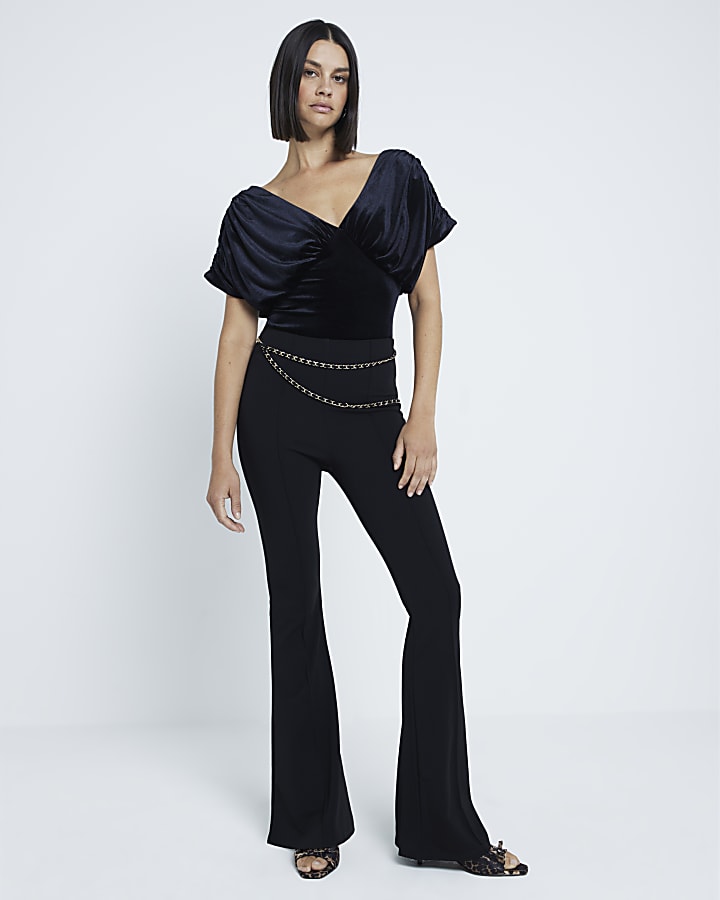 Black Velvet Short Sleeve Draped Bodysuit