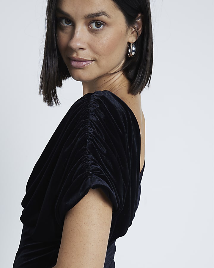 Black Velvet Short Sleeve Draped Bodysuit