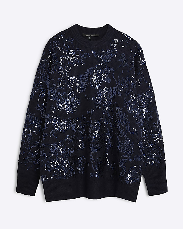 Navy Sequin Embellished Hairy Jumper