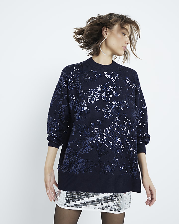 Navy Sequin Embellished Hairy Jumper