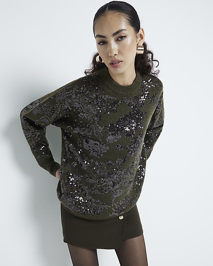 Khaki Sequin Embellished Hairy Jumper