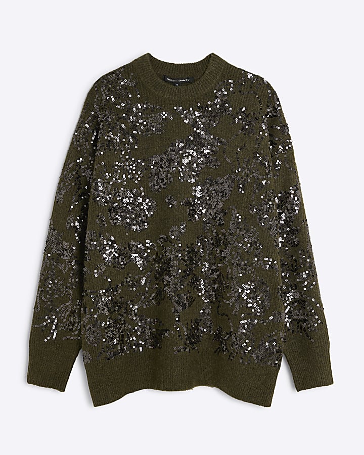 Khaki Sequin Embellished Hairy Jumper