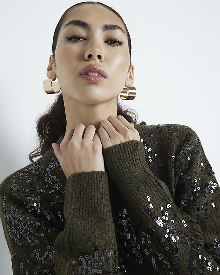 Khaki Sequin Embellished Hairy Jumper