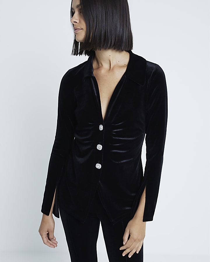 Black Long Sleeve Velvet Shirt