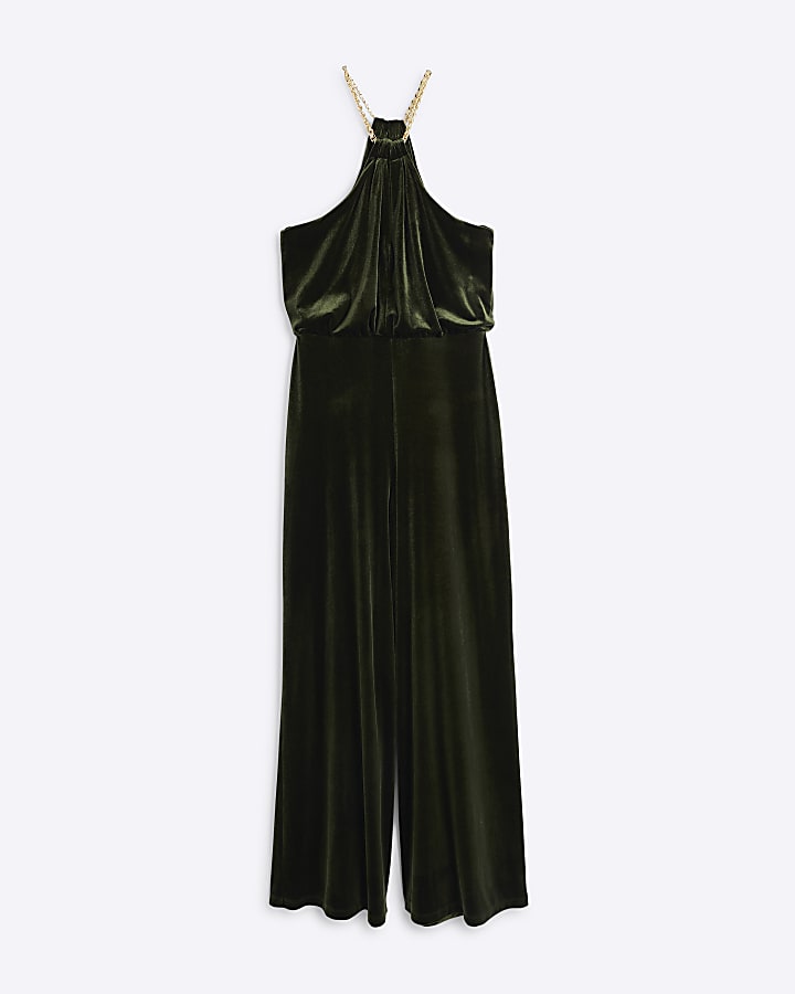 Green Velvet Halter Neck Jumpsuit