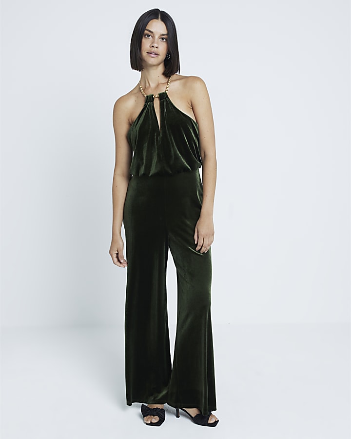 Green Velvet Halter Neck Jumpsuit