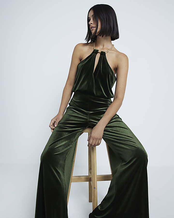 Green Velvet Halter Neck Jumpsuit