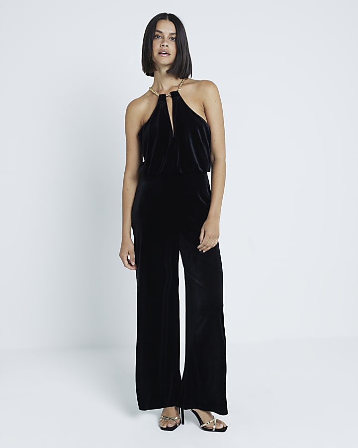 Black Velvet Halter Neck Jumpsuit