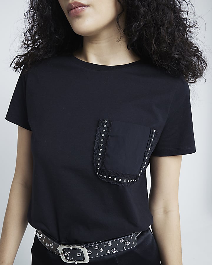 Black Embellished Stud Pocket T-shirt