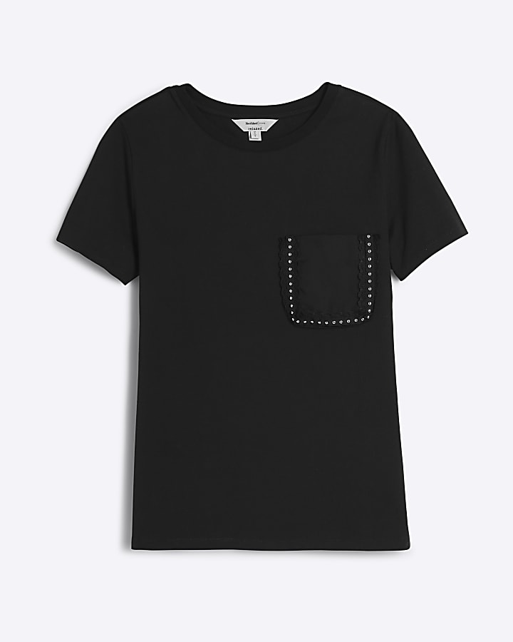 Black Embellished Stud Pocket T-shirt