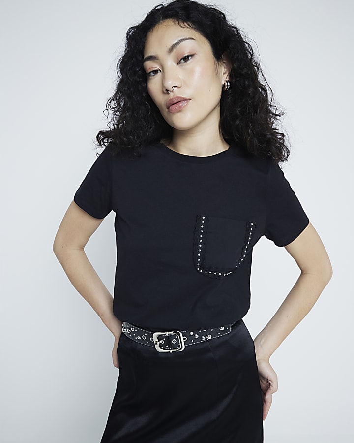 Black Embellished Stud Pocket T-shirt