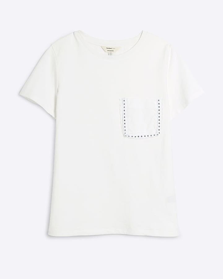 White Embellished Stud Pocket T-shirt