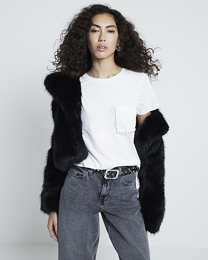 White Embellished Stud Pocket T-shirt