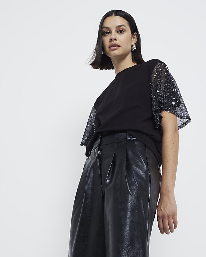 Black Sequin Short Sleeve Top