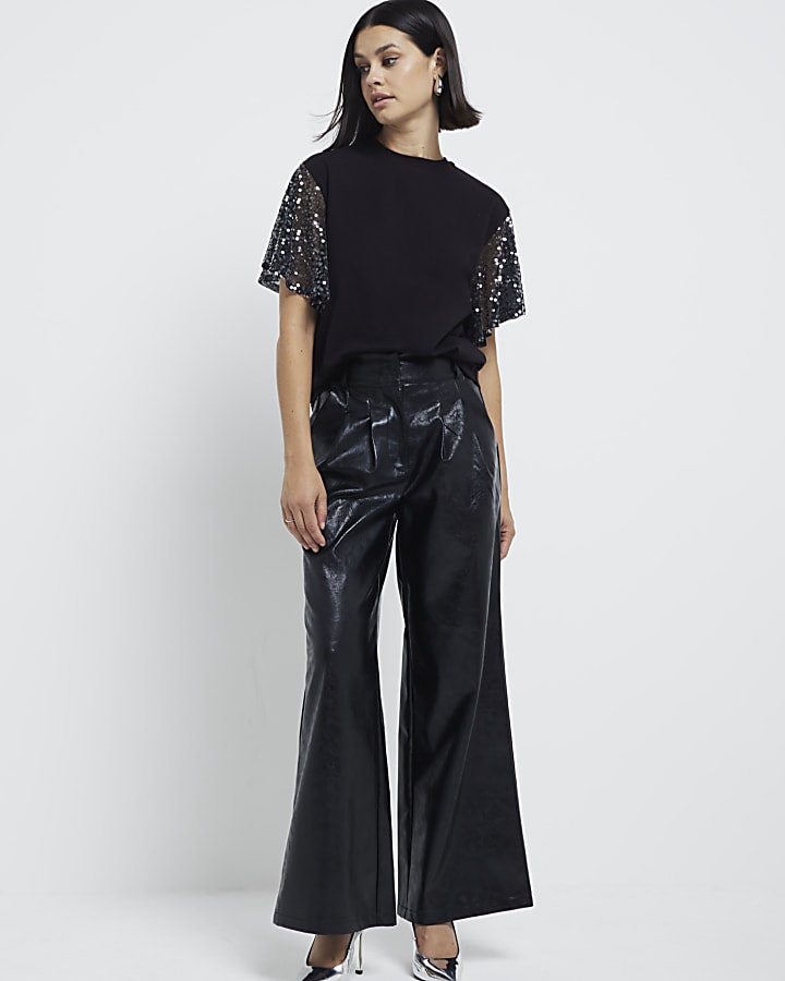 Black Sequin Short Sleeve Top