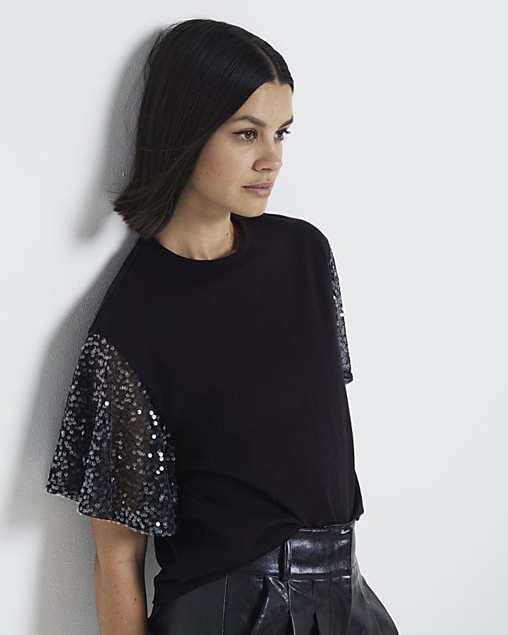 Black Sequin Short Sleeve Top