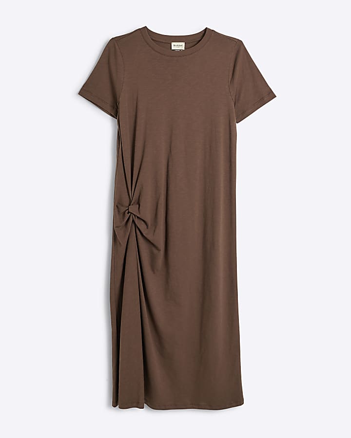 Brown side knot t-shirt midi dress