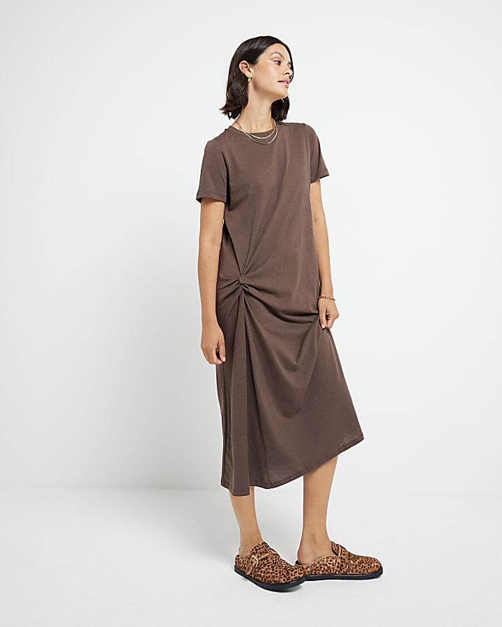 Brown side knot t-shirt midi dress