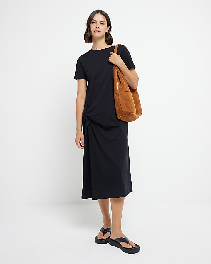 Black side knot t-shirt midi dress