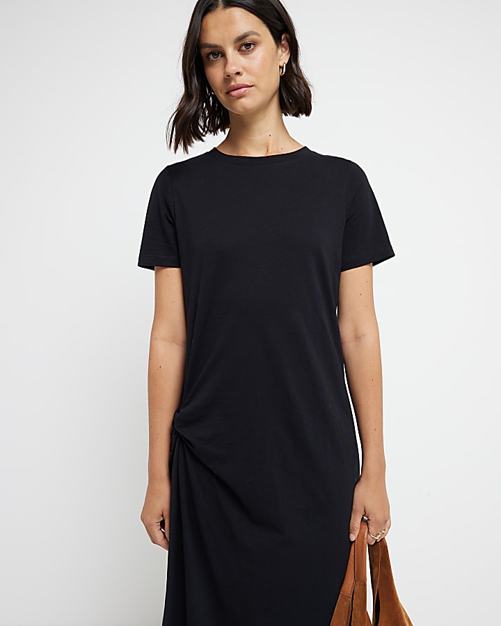 Black side knot t-shirt midi dress