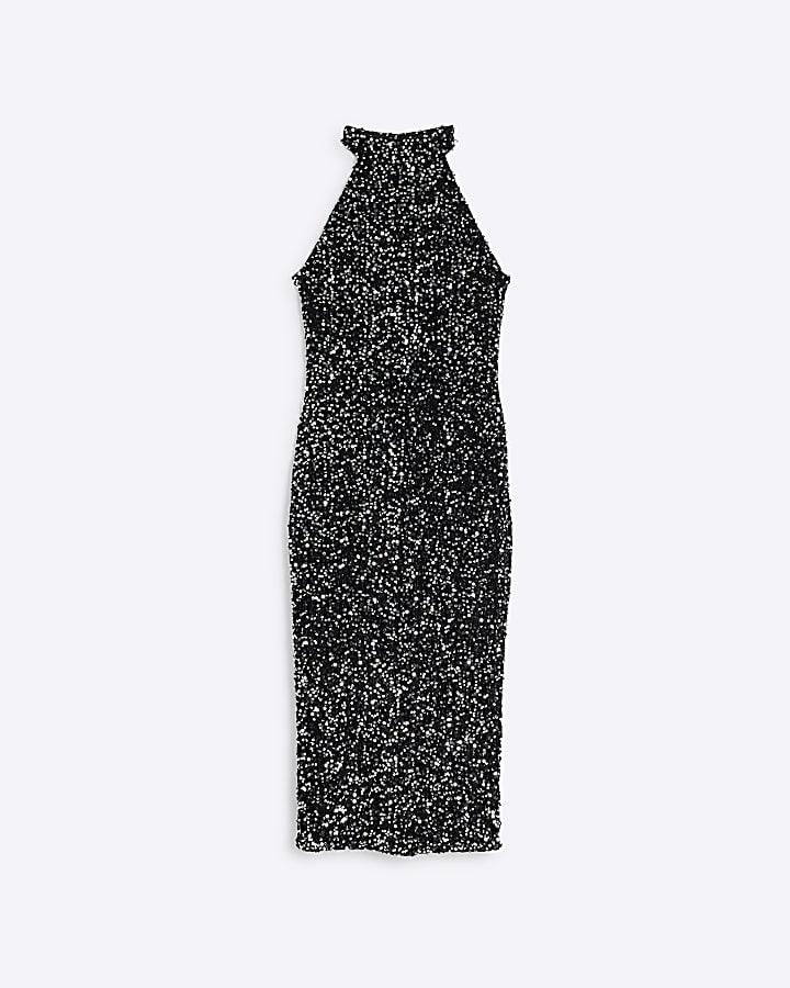 Black Velvet Halter Neck Sequin Midi Dress