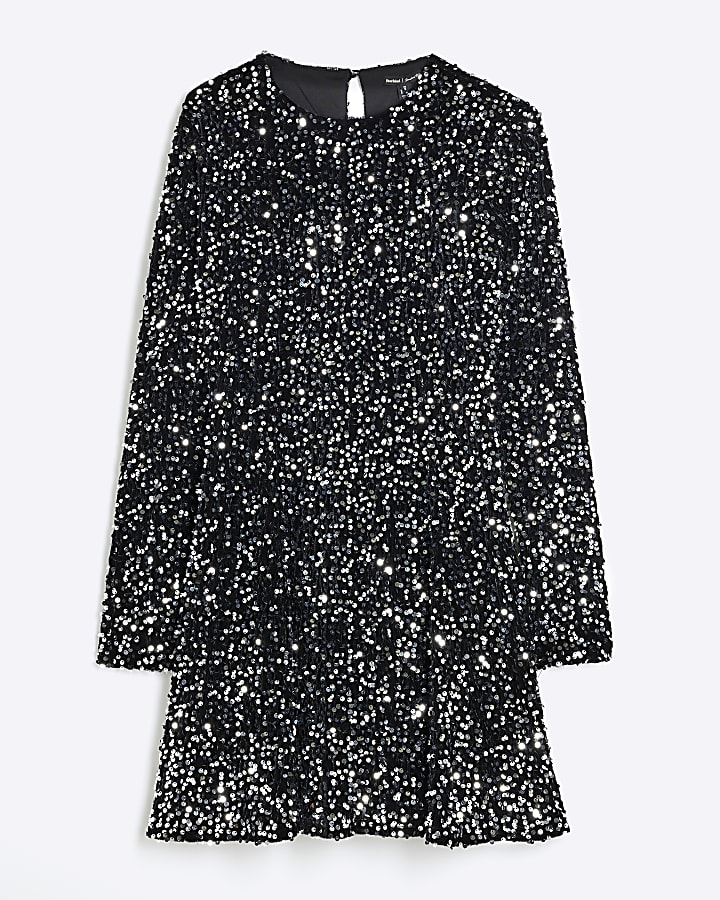 Black Velvet Sequin Mini Swing Dress