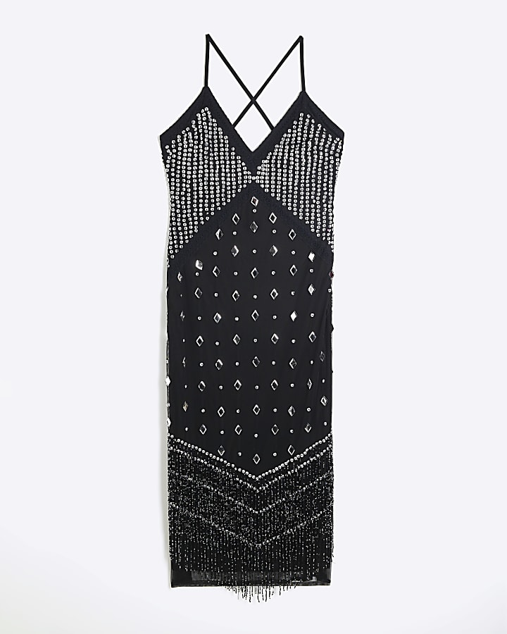 Black Premium Embellished Midi Dress