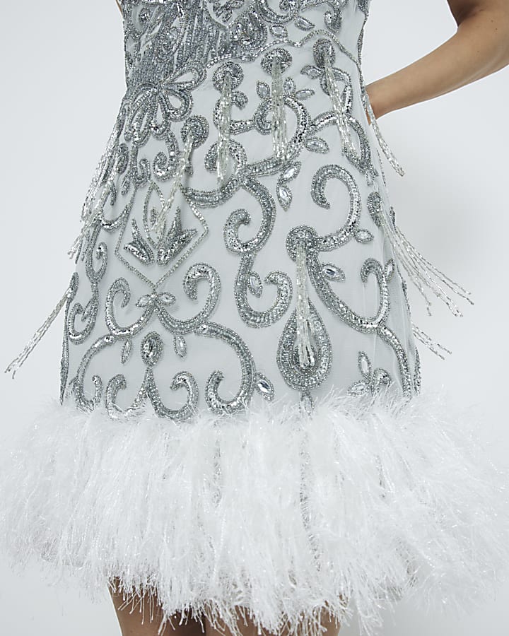 Silver Premium Embellished Feather Mini Dress