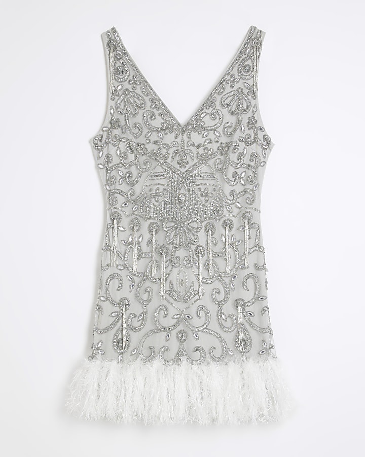 Silver Premium Embellished Feather Mini Dress