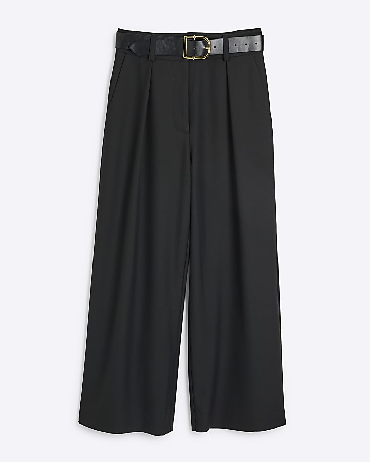 Petite Black Belted Wide Leg Trousers