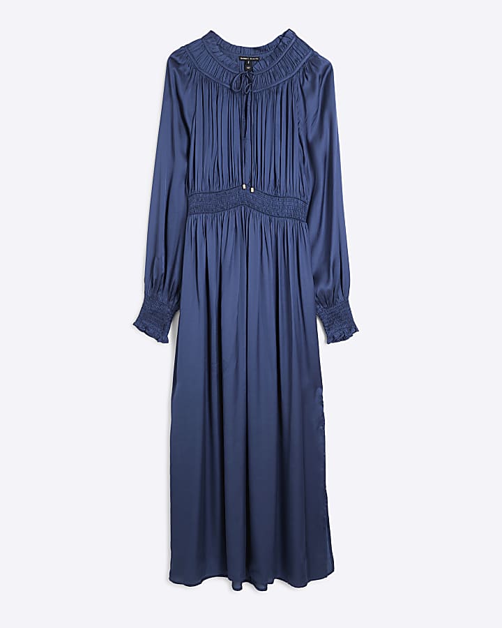 Blue Long Sleeve Satin Maxi Dress