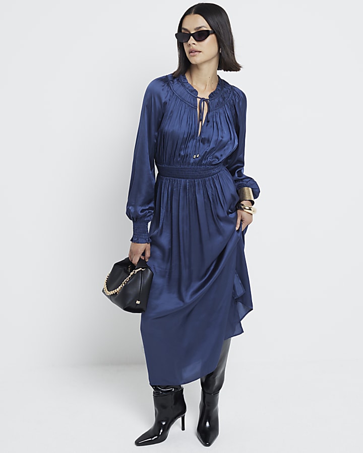 Blue Long Sleeve Satin Maxi Dress