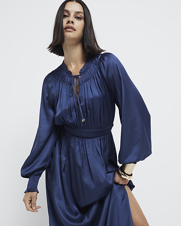 Blue Long Sleeve Satin Maxi Dress