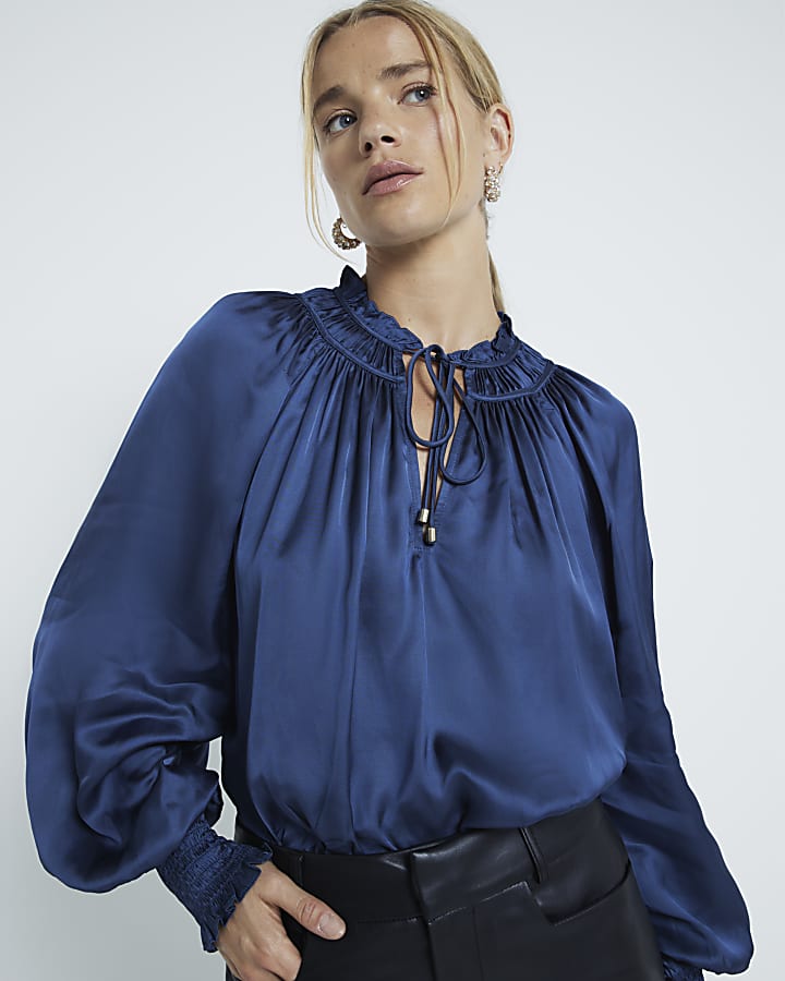 Blue Long Sleeved Tie Neck Satin Blouse