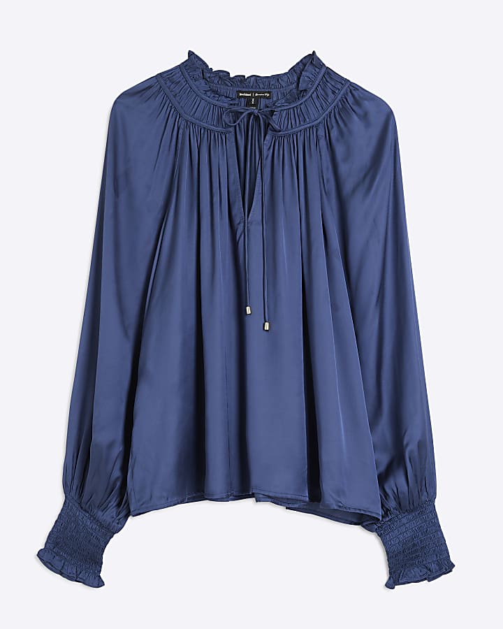 Blue Long Sleeved Tie Neck Satin Blouse