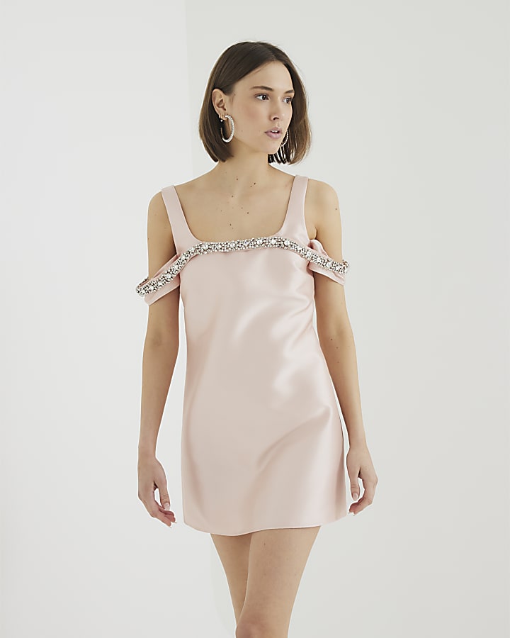 Pink Diamante Occasion Bardot Mini Dress