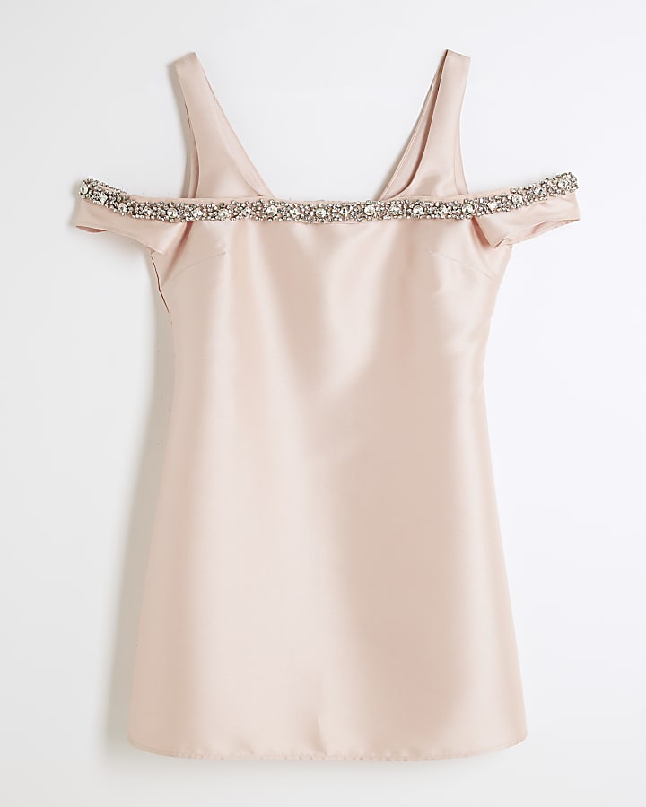 Pink Diamante Occasion Bardot Mini Dress