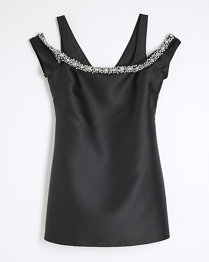 Black Diamante Bardot Mini Dress