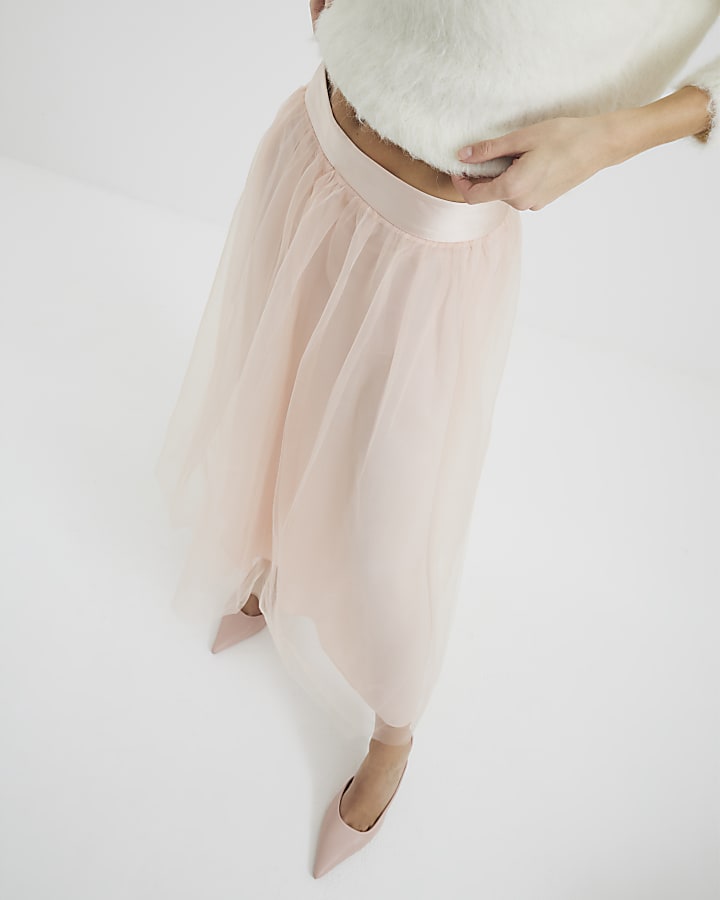 Pink Tulle Mesh Midi Skirt