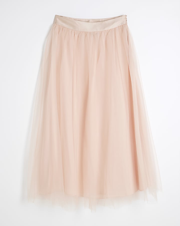 Pink Tulle Mesh Midi Skirt