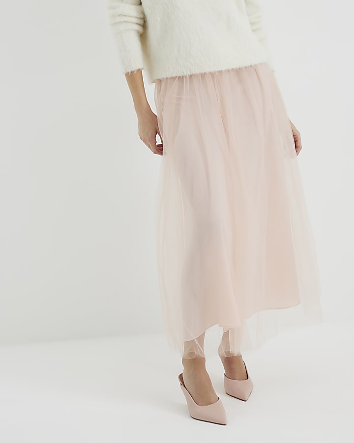 Pink Tulle Mesh Midi Skirt