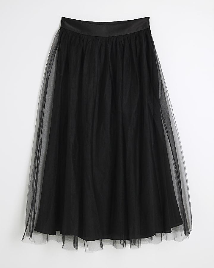 Black Tulle Mesh Midi Skirt